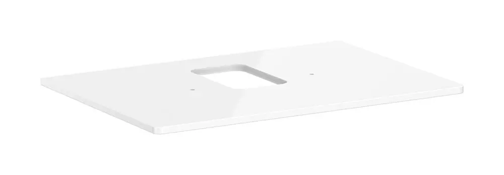 Weiße Konsole von Hansgrohe mit mittigem Ausschnitt und zwei vorgebohrten Löchern für einen Aufsatzwaschtisch. Flache, klare Oberfläche ohne Verzierungen.